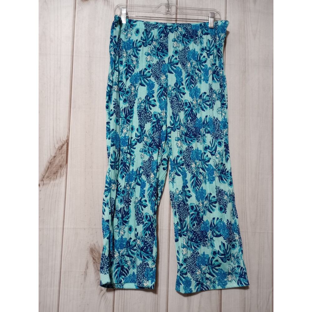 Jaclyn Smith Blue‎ Tropical Floral Leopard Lounge Pants Crop Wide Leg Large